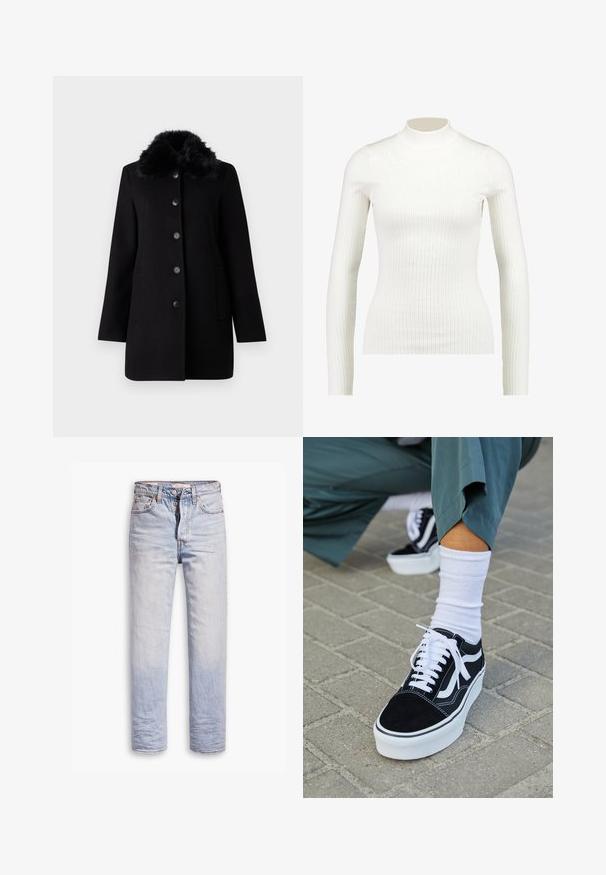 Vero Moda VMAUTUMN COZY JACKET - Klassisk frakke - black; Ribbet hvid langærmet turtleneck-bluse med en tætsiddende pasform og glat tekstur, der har en høj hals og slank silhuet.; Lyseblå denimjeans med lige ben, der har en knaplukning, fem lommer og en diskret falmning langs benene.; Sorte ruskinds sneakers med hvide accenter og snørebånd, der har en tyk hvid sål og kontrasterende syninger, parret med en hvid sok.