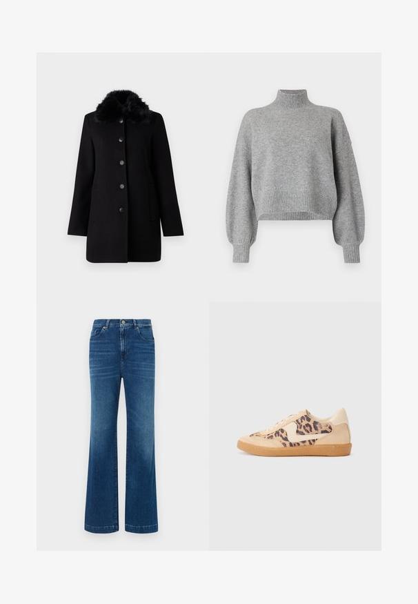 Vero Moda VMAUTUMN COZY JACKET - Mantel - black; Grijze cropped trui met een hoge halslijn, geribde boorden en zoom, en verlaagde schouders. Zachte textuur met minimale naden.; Blauwe spijkerbroek met brede pijpen, voorzien van een hoge taille, vijf zakken en een klassieke knoopsluiting. De stof heeft een zachte, licht vervaagde textuur.; Luipaardprint sneakers met een beige suède bovenkant, tan rubberen zool en witte accenten. Ronde neus en vetersluiting met een gestructureerde afwerking.