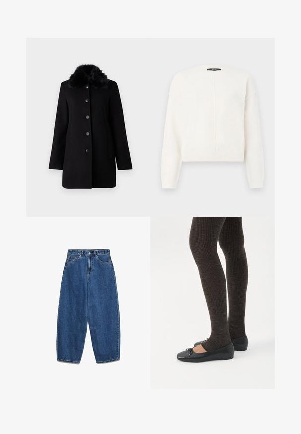 Vero Moda VMAUTUMN COZY JACKET - Mantel - black; Korte witte trui van zacht materiaal met een ronde hals, voorzien van schoudernaad met een drop shoulder en een verticale naaddetail aan de voorkant.; Blauwe denim jeans met een hoge taille, een ontspannen pasvorm en rechte pijpen. Klassiek ontwerp met vijf zakken en een ritssluiting met knoop.; Benen met donkere geribbelde leggings gecombineerd met zwarte ballerina's met kleine strikdetails op een witte achtergrond.