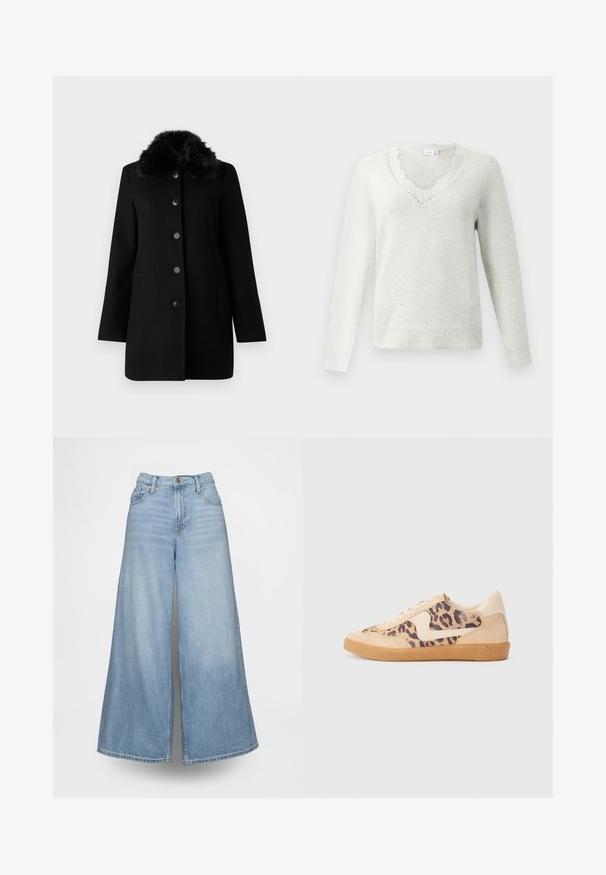 Vero Moda VMAUTUMN COZY JACKET - Mantel - black; Lichtgrijze trui met een gegolfde V-hals, lange mouwen en een geribbelde zoom. Gemaakt van zacht materiaal met een subtiele textuur.; Lichtblauwe wijde jeans van denim, met een hoge taille, voorzakken en een knoopsluiting. De stof heeft een verweerde wassing.; Luipaardprint sneakers met een beige suède bovenkant, tan rubberen zool en witte accenten. Ronde neus en vetersluiting met een gestructureerde afwerking.