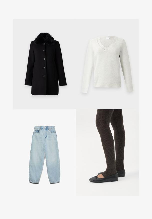 Vero Moda VMAUTUMN COZY JACKET - Klassisk frakke - black; Lysegrå sweater med en scalloped V-udskæring, lange ærmer og ribbet kant. Lavet af blødt materiale med en subtil tekstur.; Lyseblå denimjeans med en afslappet pasform, høj talje og vide ben, der har en let falmet overflade og klassisk fem-lomme design.; Ben iført mørke ribbede leggings kombineret med sorte balletsko med små sløjfedetaljer på hvid baggrund.