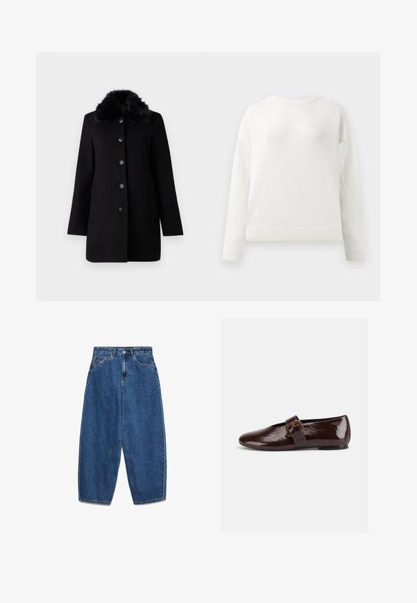 Vero Moda VMAUTUMN COZY JACKET - Klassisk frakke - black; Hvid crewneck langærmet sweater med ribbede manchetter og kant, der har en blød, let fuzzy tekstur.; Blå denimjeans med høj talje, afslappet pasform og lige ben. Klassisk design med fem lommer, lynlås og knaplukning.; Mørkebrun laklædersko med stor guldlås og rund tå, vist i sideprofil på hvid baggrund.