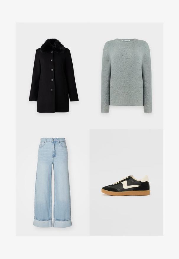 Vero Moda VMAUTUMN COZY JACKET - Mantel - black; Lichtblauwe gebreide trui met een ronde halslijn, lange mouwen en een gewatteerd golfpatroon door de stof.; Lichtblauwe wijde jeans met een hoge taille, opgerolde boorden en klassieke denim structuur. Heeft voorzakken en een ritssluiting.; Zwarte suède en leren sneaker met een crèmekleurige zij-swoosh en lichte crèmekleurige hiel. Voorzien van beige veters en een gumrubberen zool.