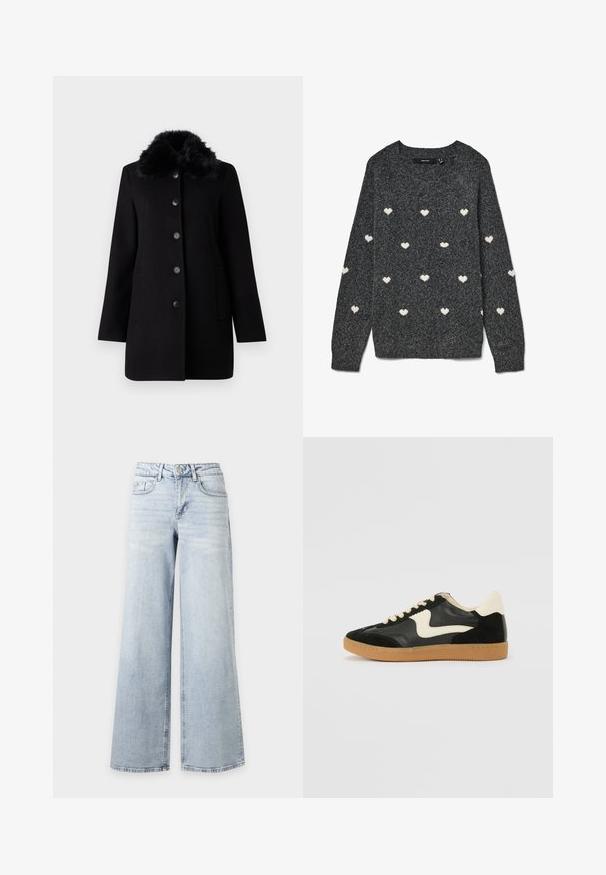 Vero Moda VMAUTUMN COZY JACKET - Mantel - black; Grijze trui met een ronde hals en lange mouwen, met een herhalend patroon van kleine witte hartjes over het hele oppervlak. Zacht gestructureerde stof.; Lichtblauwe, hoge taille, wijde jeans met knoop- en ritssluiting, voor- en achterzakken, afgebeeld op een effen witte achtergrond.; Zwarte suède en leren sneaker met een crèmekleurige zij-swoosh en lichte crèmekleurige hiel. Voorzien van beige veters en een gumrubberen zool.