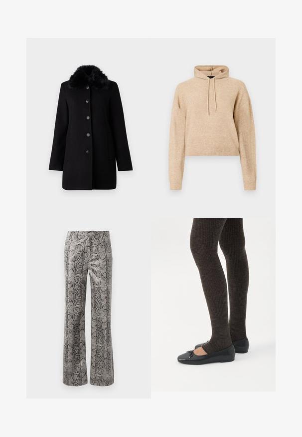Vero Moda VMAUTUMN COZY JACKET - Klassisk frakke - black; Beige cropped striktrøje med lange ærmer og snorhætte, præsenteret på en hvid baggrund.; Lige bukser med sort og grå slangeskinds mønster og frontknaplukning på en hvid baggrund.; Ben iført mørke ribbede leggings kombineret med sorte balletsko med små sløjfedetaljer på hvid baggrund.