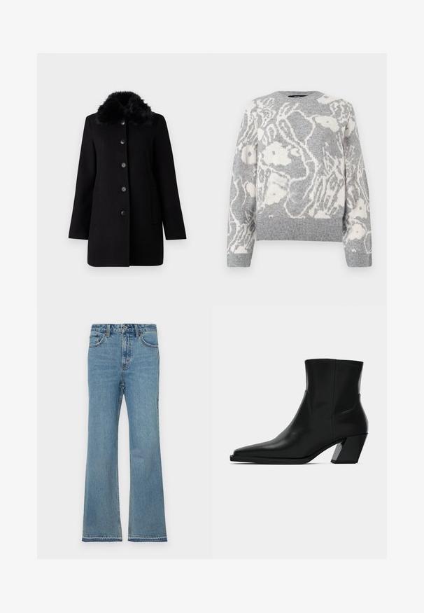 Vero Moda VMAUTUMN COZY JACKET - Klassisk frakke - black; Grå strikket sweater med et hvidt blomstermønster, rund halsudskæring og ribbede manchetter og kant, fremstillet af blødt materiale.; Lyseblå denim jeans med flared pasform, høj talje, fem lommer, diskret slitage og syede detaljer langs sømmene.; Sortlæder ankelstøvle med spids tå, en slank silhuet og en kraftig firkantet hæl. Glat tekstur med minimale stikninger.