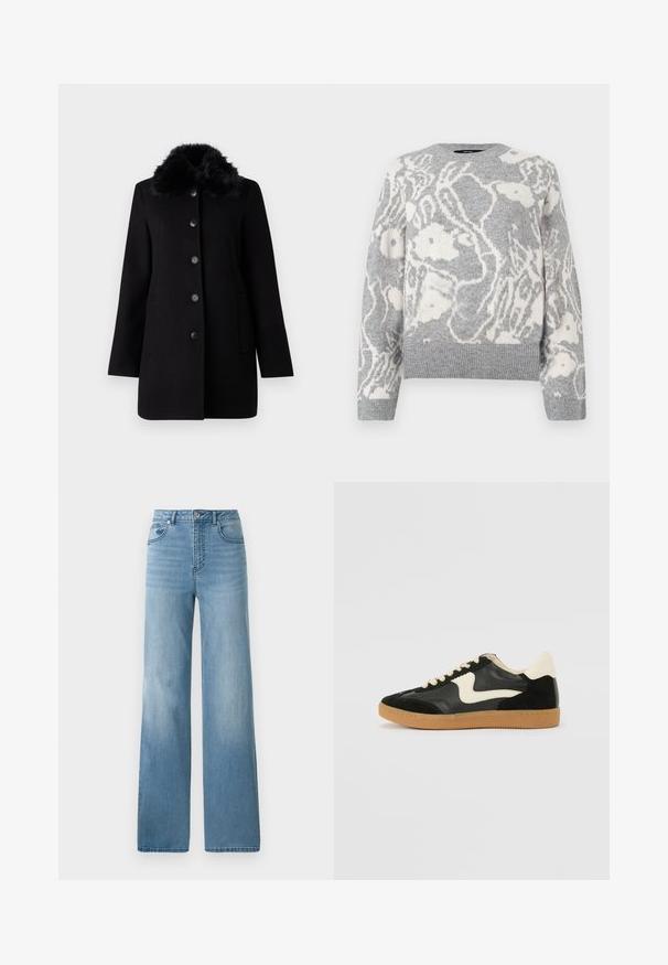 Vero Moda VMAUTUMN COZY JACKET - Mantel - black; Grijze gebreide trui met een wit bloemenpatroon, ronde hals, en geribde manchetten en zoom, gemaakt van een zachte stof.; Lichtblauwe high-waisted jeans met een rechte pasvorm. Gemaakt van denim, met vijf zakken en een knoopsluiting.; Zwarte suède en leren sneaker met een crèmekleurige zij-swoosh en lichte crèmekleurige hiel. Voorzien van beige veters en een gumrubberen zool.