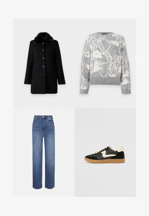 Vero Moda VMAUTUMN COZY JACKET - Mantel - black; Grijze gebreide trui met een wit bloemenpatroon, ronde hals, en geribde manchetten en zoom, gemaakt van een zachte stof.; Lichtblauwe spijkerbroeken met een hoge taille, recht model, vijfzakkenstijl en subtiele vervagingen in de stof.; Zwarte suède en leren sneaker met een crèmekleurige zij-swoosh en lichte crèmekleurige hiel. Voorzien van beige veters en een gumrubberen zool.