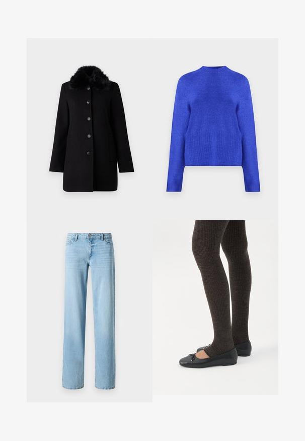 Vero Moda VMAUTUMN COZY JACKET - Mantel - black; Blauwe gebreide trui met een hoge nek, geribbelde zoom en lange mouwen. Gladde textuur met een iets losse pasvorm en zijsplitsingen.; Lichtblauwe denim jeans, met een recht ontwerp, voorzien van vijf zakken en een knoopsluiting aan de voorkant. Soepele textuur met subtiele vervaging.; Benen met donkere geribbelde leggings gecombineerd met zwarte ballerina's met kleine strikdetails op een witte achtergrond.