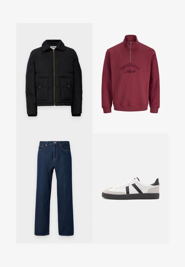 Zwarte pufferjas met een kraaghals, een gouden rits, twee voorzakken en gestikte paneeldetails. Zacht, geïsoleerd materiaal.; Bordeaux ritsweater met een hoge kraag, geribde manchetten en geborduurde tekst "Originals Studio" op de voorkant. Zachte, gestructureerde stof.; Donkerblauwe denim jeans met een rechte snit, vijf zakken en zichtbare stiksels. Voorzien van een knoopsluiting en riemlussen.; Witte sneaker met zwarte en grijze accenten, voorzien van een grijze neus met textuur, zwarte rubberen zool en platte witte veters. Schoon ontwerp, minimalistische stijl.