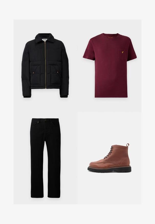 Zwarte pufferjas met een kraaghals, een gouden rits, twee voorzakken en gestikte paneeldetails. Zacht, geïsoleerd materiaal.; Bordeaux katoenen t-shirt met korte mouwen, ronde halslijn, een voorknoopzak en een klein geel logo geborduurd op de zak.; Zwarte denim jeans met een rechte pijpdesign, vijf zakken, sluiting met voorknop en subtiele stikdetails.; Bruine leren enkellaarsjes met een ronde neus, vetersluiting aan de voorkant en een gestructureerd oppervlak, voorzien van een trekband en een robuuste zwarte zool.