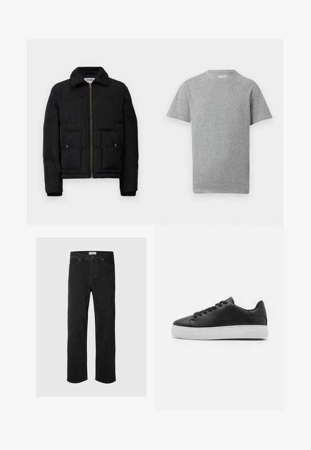 Zwarte pufferjas met een kraaghals, een gouden rits, twee voorzakken en gestikte paneeldetails. Zacht, geïsoleerd materiaal.; Effen grijs T-shirt met korte mouwen en een ronde hals, met een klein wit "ONLY & SONS" label aan de binnenkant van de kraag.; Zwarte denim rechte jeans hebben een klassiek vijf-pocket ontwerp met knoopsluiting, minimale stiksels en een zachte textuur.; Zwarte leren sneaker met ronde neus, witte rubberen zool en zwarte veters. Kenmerkt zich door een gladde afwerking en minimalistisch ontwerp.