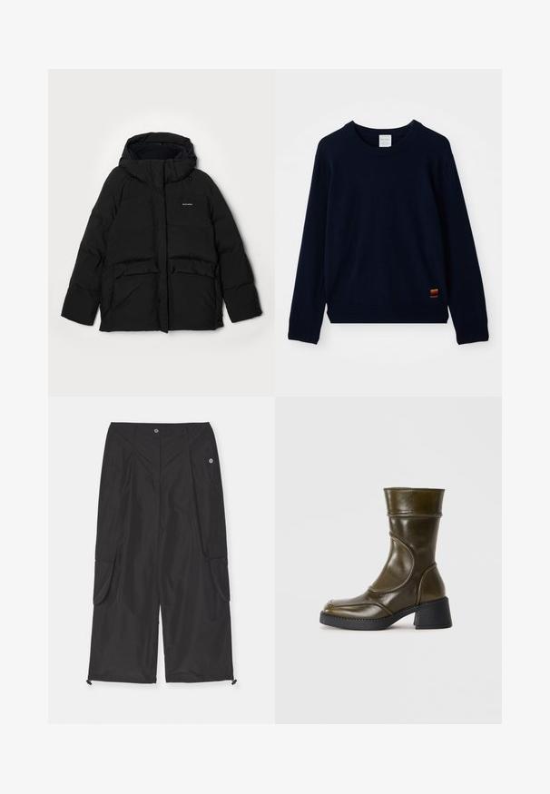 Sort pufferjakke med hætte, der har en frontlynlås, to store flaplommer og "Halteweiler" logo på venstre side. Blød struktur.; Marineblå langærmet crewneck sweater med ribbet manchetter og kant, prydet med en lille flerfarvet stribet applikation nær bunden.; Svarte cargo-bukser lavet af letvægtsstof har sidelommer, justerbar snorekant og knaplukning.; Olivengrøn læder ankelstøvle med rund tå, elastisk panel og en chunky sort hæl. Glat overflade og subtilt syede detaljer.