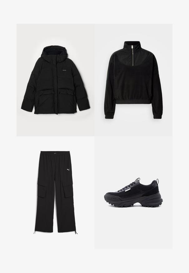 Sort pufferjakke med hætte, der har en frontlynlås, to store flaplommer og "Halteweiler" logo på venstre side. Blød struktur.; Sort halv-lynlås pullover med høj krave, lange ærmer, elastiske manchetter og sidelommer, præsenteret mod en enkel hvid baggrund.; Svarte cargo-bukser med bred ben-design, elastisk talje, to sidelommer og snoretræk ved kanten. Har et lille hvidt logo.; Sort sportssko med mesh-overdel, tyk sål, snørebånd og lille Calvin Klein-logo på siden og tæsområdet.