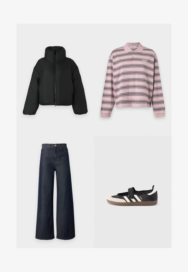 Veste courte en duvet noir avec un col haut, fermeture éclair à l'avant et des manches volumineuses. Le matériau semble lisse et isolant.; Polo rose à manches longues avec des rayures horizontales noires et blanches et une patte de boutonnage à deux boutons, avec un petit logo brodé sur la poitrine.; Jean en denim foncé à jambes larges avec une taille haute, doté d'un design à cinq poches, de surpiqûres dorées et d'un détail bouton en métal. Texture lisse dans l'ensemble.; Baskets noires et beiges avec une bride en velcro, trois bandes blanches sur le côté, et une semelle en caoutchouc marron texturée. Logo de la marque visible.