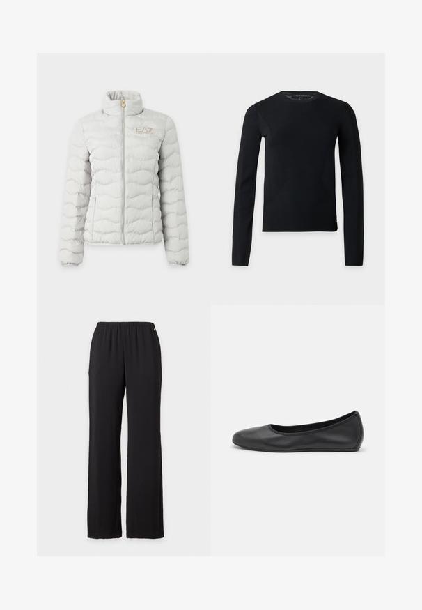 Veste matelassée gris clair avec fermeture éclair intégrale devant, col montant, poignets élastiques et petit logo EA7 Emporio Armani sur la poitrine.; Pull noir à manches longues avec col rond, coupe slim et détails subtils de couture, présenté sur un fond clair uni.; Pantalon noir à jambes larges avec taille élastique, design simple, présenté sur un fond blanc uni.; Ballerines en cuir noir avec un bout rond, texture lisse, détails de couture minimalistes et design de semelle flexible.