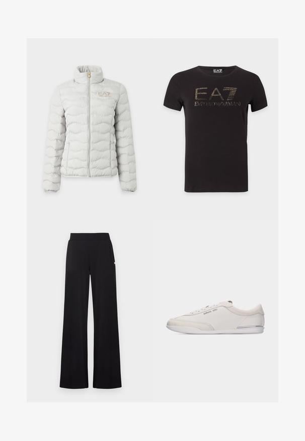 Veste matelassée gris clair avec fermeture éclair intégrale devant, col montant, poignets élastiques et petit logo EA7 Emporio Armani sur la poitrine.; T-shirt noir à manches courtes avec logo doré EA7 Emporio Armani centré sur la poitrine sur fond blanc.; Pantalon noir à jambes larges avec une taille ajustée, réalisé dans un tissu lisse. Comprend des poches latérales discrètes et des accents matériels minimalistes.; Baskets basses blanc cassé et beige à lacets, avec des détails en cuir lisse et en daim, arborant un petit logo Michael Kors sur le côté.
