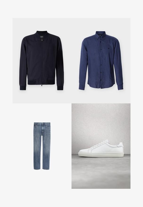 Chaqueta bomber azul marino hecha de tela suave, con cierre de cremallera, cuello alzado y puños y dobladillo de canalé. Sin patrones o acentos visibles.; Camisa azul marino de manga larga con botones, cuello abotonado y pequeño logo bordado en el pecho izquierdo.; Vaqueros de denim azul con pierna recta, bolsillos delanteros, trabillas para cinturón y cierre de botón.; Zapatilla blanca con parte superior de cuero liso y perfil bajo. Presenta una puntera redondeada, seis ojales y una suela de goma texturizada.