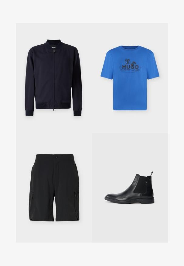 Marineblå bomberjakke lavet af glat stof, med lynlåslukning, stående krave og ribbede manchetter og kant. Ingen synlige mønstre eller detaljer.; Blå t-shirt med korte ærmer med sort hestegrafik og tekst "Hugo Creative Dept Est. 1993" midt på fronten.; Svarte knælange shorts med sideslidelommer og knaplukning i linningen, vist på en ensfarvet hvid baggrund.; Sorte læder Chelsea støvler med elastiske sidepaneler, en pull-tab og en flad gummisål. Glat tekstur med minimal detaljer.