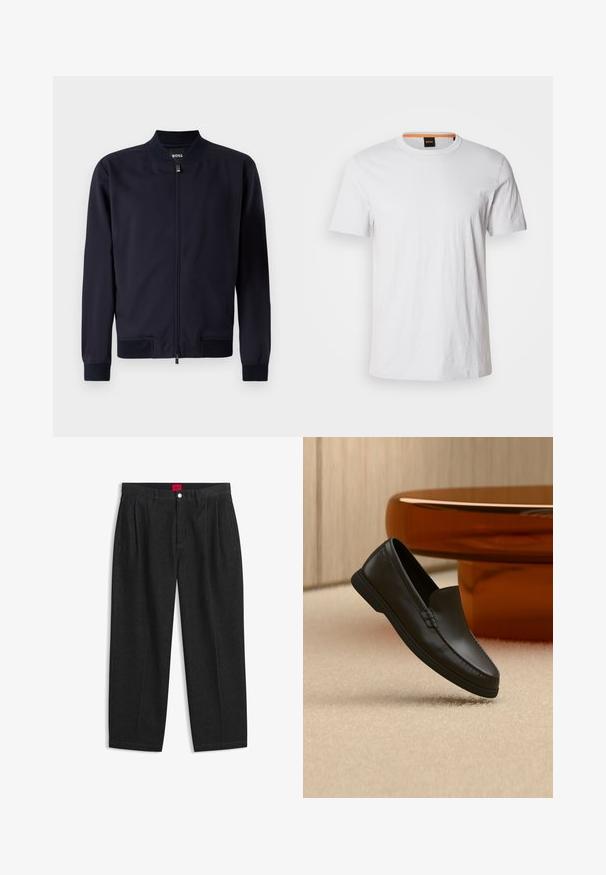 Chaqueta bomber azul marino hecha de tela suave, con cierre de cremallera, cuello alzado y puños y dobladillo de canalé. Sin patrones o acentos visibles.; Camiseta de manga corta blanca hecha de suave algodón, con un cuello redondo y un sutil detalle de logo en blanco a juego en la parte delantera.; Pantalones negros de talle alto con pliegues delanteros, trabillas para cinturón, cierre con botón y cremallera, y una etiqueta roja en el interior de la cintura.; Mocasín negro de piel sin cordones exhibido sobre una alfombra beige junto a una mesa de cristal curva color ámbar en una habitación de tonos neutros.