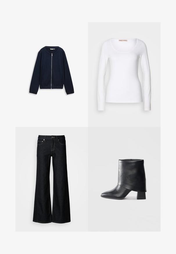 Veste zippée bleu marine avec un motif texturé, col rond et poignets élastiques. Conçue en matériau tissé avec une coupe ajustée.; T-shirt en coton blanc à manches longues, avec un col rond et une coupe ajustée, au toucher doux et sans ornement.; Jean en denim foncé à jambes larges avec une taille haute, un design à cinq poches et une couture contrastée jaune le long des coutures.; Bottine en cuir noir à bout pointu, texture lisse et talon bloc structuré. Elle se distingue par un design de revers haut et plié.