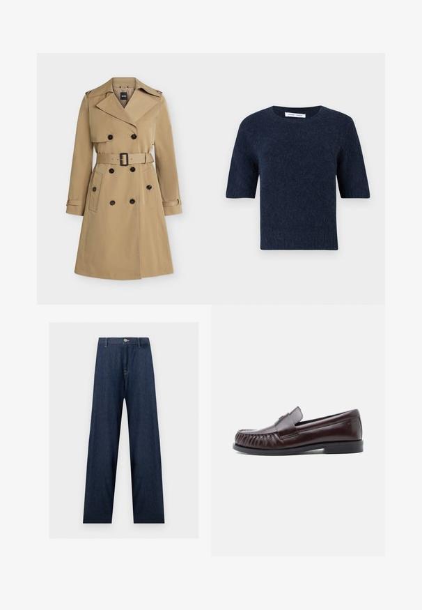 Beige dubbelgeknoopte trenchcoat met brede revers, tailleband, zakken met knopen en epauletten op de schouders, voorkant weergegeven.; Donkerblauwe fuzzy gebreide trui met korte mouwen, een ronde halslijn en een rechte zoom, gepresenteerd op een witte achtergrond.; Donkerblauwe wijde spijkerbroek met knoop- en ritsluiting, riemlussen en zichtbare stiksels op zakken en naden.; Donkerbruine leren loafers met een afgeronde neus, geplooide details aan de voorkant, een platte rubberen zool en een decoratieve band over de wreef.