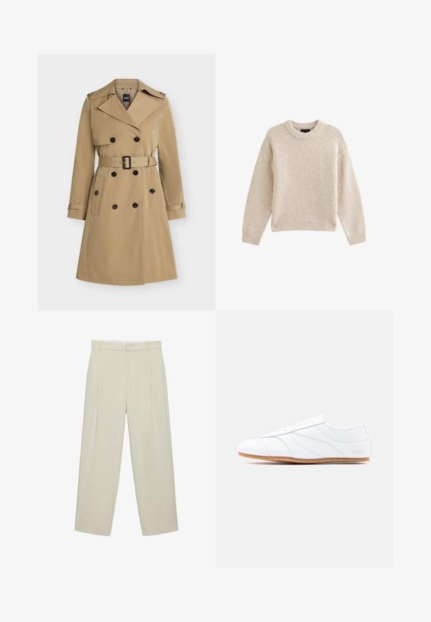 Beige dobbeltradet trenchcoat med brede revers, bælte i taljen, knaplukker på lommerne og skulderstropper, vist forfra.; Beige strikket sweater med rund hals, lange ærmer og ribbet kant. Tekstureret stof med en blød udseende. Enkel og alsidig design.; Beige højtaljede skræddersyede bukser med sidelommer, bæltestropper og lynlås foran, i en rette bukseben pasform.; Hvid lavtstående sneaker med snøresystem, glat læderoverdel, diskrete syninger og lysbrun gummisål.