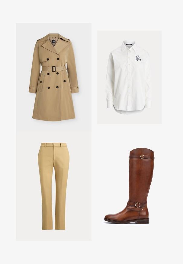 Beige dobbeltradet trenchcoat med brede revers, bælte i taljen, knaplukker på lommerne og skulderstropper, vist forfra.; Hvid langærmet skjorte med knapper og spidser krave samt sort broderet logo på venstre bryst.; Beige bukser med lige ben, bæltestropper, foran lynlås og skræddersyede folder på en ensfarvet lys baggrund.; Brune læderstøvler til knæene med en glat finish, en rundt tå, et dekorativt bælte med en cirkulær spænde, og en lav stablet hæl.