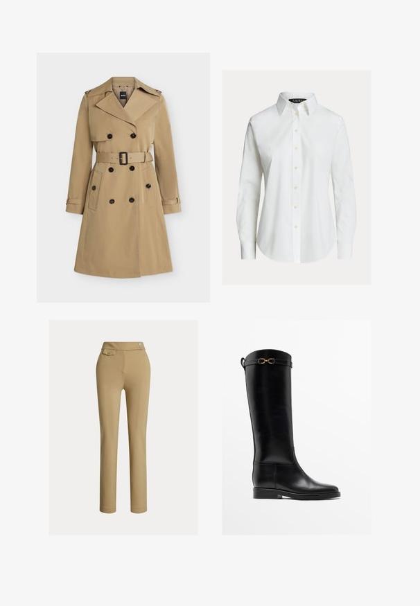 Beige dobbeltradet trenchcoat med brede revers, bælte i taljen, knaplukker på lommerne og skulderstropper, vist forfra.; Hvid skjorte med lange ærmer, knapper foran, spids krave og let buet kant.; Beige skræddersyede bukser med en glat tekstur, høj talje, to dekorative knapper og en enkelt baglomme. Lige ben-design.; Høj sort læderstøvle med lav hæl og guldbelagt spænde nær toppen, vist i profil på hvid baggrund.
