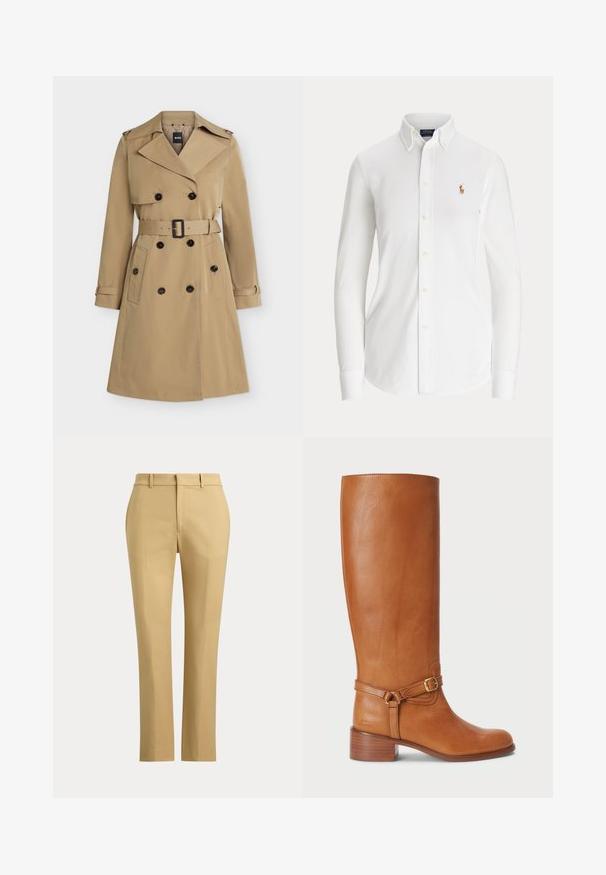 Beige dubbelgeknoopte trenchcoat met brede revers, tailleband, zakken met knopen en epauletten op de schouders, voorkant weergegeven.; Witte blouse met lange mouwen, knopen, een button-down kraag en een klein geborduurd logo van een polo-speler op de borst.; Beige rechte broek met riemlussen, een rits aan de voorkant en op maat gemaakte plooien op een effen lichte achtergrond.; Hoge bruine leren laarzen met een gladde afwerking, voorzien van een zijkantgesp en een gestapelde hak. De schacht heeft een strakke, ongecompliceerde uitstraling.