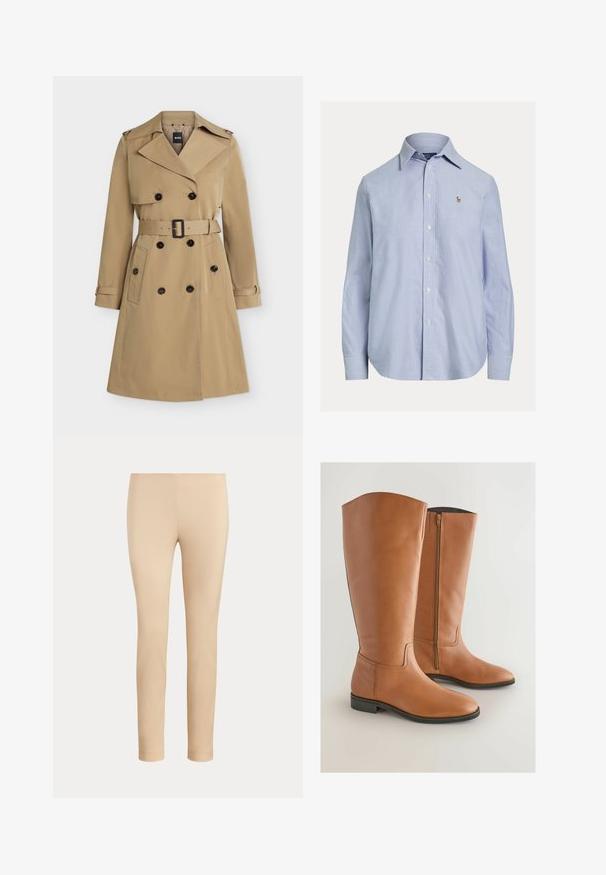 Beige dubbelgeknoopte trenchcoat met brede revers, tailleband, zakken met knopen en epauletten op de schouders, voorkant weergegeven.; Lichtblauw overhemd met lange mouwen en knopen, met puntige kraag en klein geborduurd logo op de linkerborst.; Beige slim-fit enkellange broek met een gladde afwerking en zonder zichtbare zakken of versieringen op een effen achtergrond.; Kastanjebruine leren laarzen tot de knie met een gladde afwerking, voorzien van een zijklep en een lage zwarte rubberen hak. Minimalistisch ontwerp en een ronde neus.