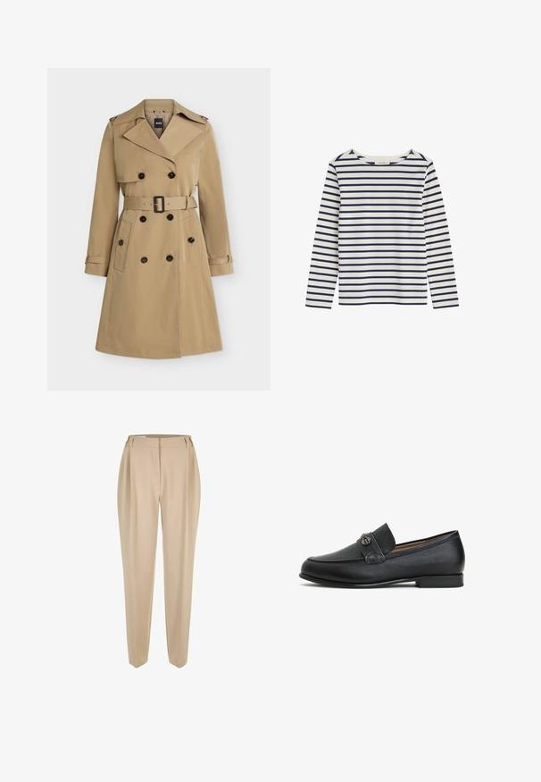Beiger zweireihiger Trenchcoat mit breiten Revers, tailliertem Gürtel, geknöpften Taschen und Schulterklappen, frontseitig dargestellt.; Langärmliges weißes Hemd mit horizontalen dunkelblauen Streifen und rundem Ausschnitt, flach auf einem weißen Hintergrund liegend.; Beige maßgeschneiderte gerade Hosen mit Gürtelschlaufen, Reißverschluss vorne und seitlichen Taschen, vor einem weißen Hintergrund präsentiert.; Schwarze Lederloafer mit strukturiertem Finish, einem erhöhten Vorderteil und einem kleinen metallischen Akzent am Riemen. Flache, niedrige Sohle.