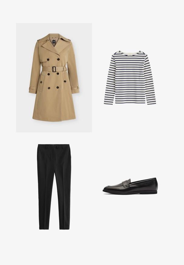 Beiger zweireihiger Trenchcoat mit breiten Revers, tailliertem Gürtel, geknöpften Taschen und Schulterklappen, frontseitig dargestellt.; Langärmliges weißes Hemd mit horizontalen dunkelblauen Streifen und rundem Ausschnitt, flach auf einem weißen Hintergrund liegend.; Schwarze, maßgeschneiderte Hose aus glattem Stoff. Mit flacher Vorderseite, Seitentaschen und schmaler Passform. Schlichter, minimalistischer Stil.; Schwarze Lederloafer mit glatter Oberfläche, runder Spitze und zweifacher Nahtakzentuierung im Obermaterial. Flache Gummisohle für Komfort.