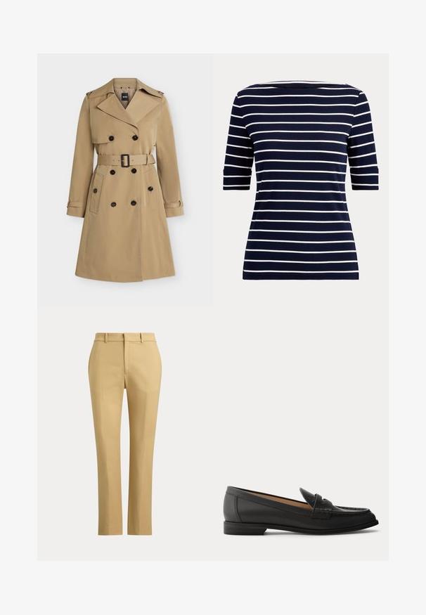 Trench-coat beige croisé avec larges revers, taille ceinturée, poches boutonnées et épaulettes, présenté de face.; Chemise bleu marine avec des rayures horizontales blanches et des manches aux coudes, montrée sur un fond clair uni.; Pantalon beige droite avec passants de ceinture, pli à l'avant et ceinture unie sur fond uni.; Mocassin en cuir noir pour femme avec un petit talon, bout arrondi et détails cousus sur la tige, vu de profil sur un fond uni.