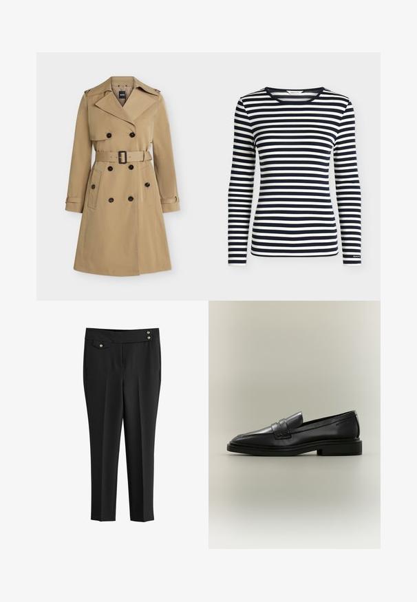 Beige dubbelgeknoopte trenchcoat met brede revers, tailleband, zakken met knopen en epauletten op de schouders, voorkant weergegeven.; Oversized shirt met lange mouwen met marineblauwe en witte horizontale strepen en een ronde hals, met het merk GANT op de mouwboord.; Zwarte op maat gemaakte broek met een platte voorkant, zijzakken, een kleine knoopzak met klep en twee decoratieve gouden knopen op de tailleband.; Zwarte leren penny loafer met lage hak, afgeronde neus en gestikte details op een neutrale achtergrond.