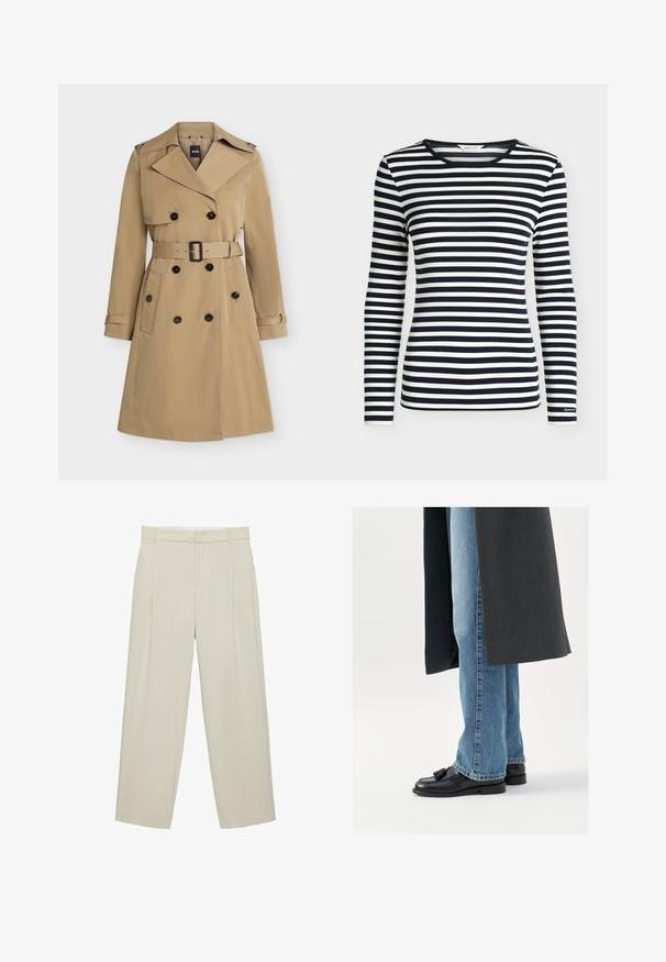 Beiger zweireihiger Trenchcoat mit breiten Revers, tailliertem Gürtel, geknöpften Taschen und Schulterklappen, frontseitig dargestellt.; Langarmshirt mit marineblauen und weißen horizontalen Streifen und rundem Ausschnitt, mit GANT-Logo am Ärmelbündchen.; Beige, hoch taillierte maßgeschneiderte Hose mit Seitentaschen, Gürtelschlaufen und frontalem Reißverschluss, in gerader Beinführung.; Schwarze Leder Slipper mit Quasten, getragen mit hellblauen geraden Jeans, ergänzt durch einen dunkelgrauen Mantel. Klare Linien und strukturierter Stoff.