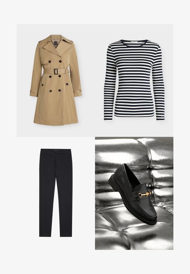 Beiger zweireihiger Trenchcoat mit breiten Revers, tailliertem Gürtel, geknöpften Taschen und Schulterklappen, frontseitig dargestellt.; Langarmshirt mit marineblauen und weißen horizontalen Streifen und rundem Ausschnitt, mit GANT-Logo am Ärmelbündchen.; Schwarze, schmal geschnittene Anzughosen mit Gürtelschlaufen und Fronttaschen, designet für einen maßgeschneiderten, professionellen Look.; Schwarze Leder-Loafer mit goldfarbener Hardware. Der Schuh zeichnet sich durch ein elegantes Design und eine glatte, glänzende Oberfläche aus.