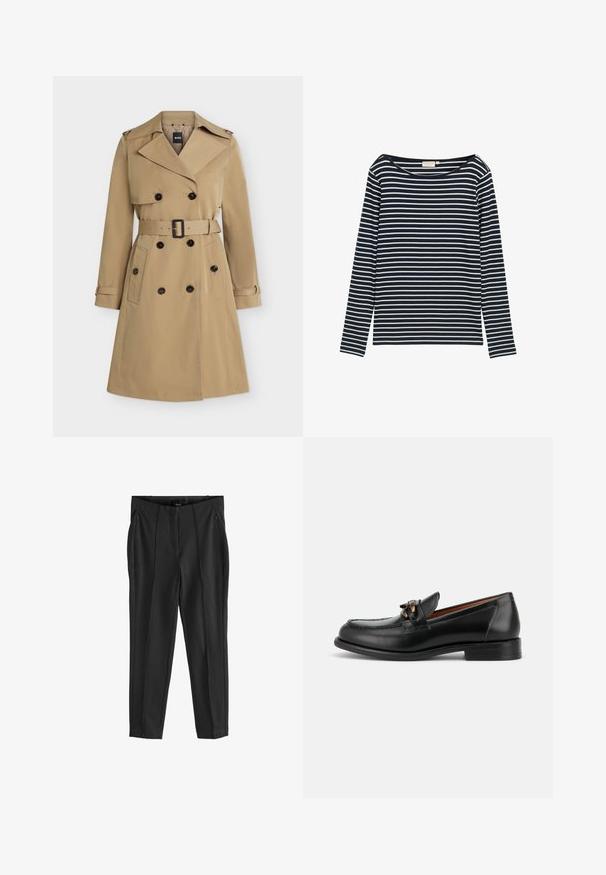 Beige dubbelgeknoopte trenchcoat met brede revers, tailleband, zakken met knopen en epauletten op de schouders, voorkant weergegeven.; Navy en witte gestreepte langarmshirt met een brede halslijn, gemaakt van een zacht materiaal, met gelijkmatig verdeelde horizontale strepen.; Zwarte broeken met een gladde textuur, voorzien van ritszakken aan de voorkant en duidelijke plooien. Minimalistisch ontwerp met een getailleerde pasvorm.; Zwarte leren loafer met lage hak, afgeronde neus en decoratieve metalen gesp aan de voorkant.