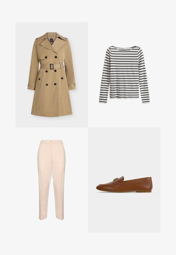 Beiger zweireihiger Trenchcoat mit breiten Revers, tailliertem Gürtel, geknöpften Taschen und Schulterklappen, frontseitig dargestellt.; Weißes Langarmshirt mit marineblauen horizontalen Streifen und kleinem "GANT"-Logo am linken Ärmelbündchen.; Beige maßgeschneiderte Hose mit hoher Taille, vorderem Knopfverschluss und geradem Bein, präsentiert vor weißem Hintergrund.; Brauner Lederloafer mit goldener Schnalle und niedrigem flachem Absatz, seitlich auf hellem einfarbigem Hintergrund gezeigt.