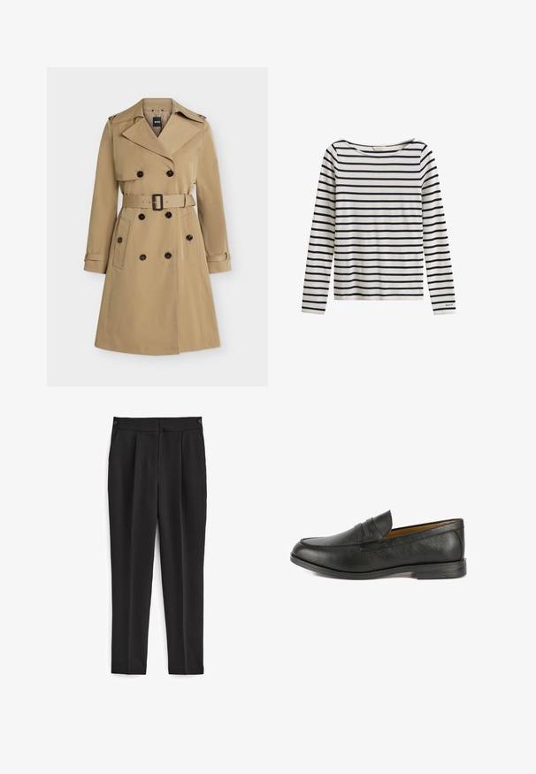 Beiger zweireihiger Trenchcoat mit breiten Revers, tailliertem Gürtel, geknöpften Taschen und Schulterklappen, frontseitig dargestellt.; Weißes Langarmshirt mit marineblauen horizontalen Streifen und kleinem "GANT"-Logo am linken Ärmelbündchen.; Schwarze Hosen mit maßgeschneidertem Schnitt, mit flachem Front, zwei seitlichen Taschen und einem sauberen, nahtlosen Design. Hergestellt aus einem glatten, atmungsaktiven Stoff.; Schwarze Leder-Lederschuhe mit glatter Oberfläche, die ein erhöhtes Riemen-Detail über dem Vorderblatt und einen niedrigen, flachen Absatz aufweisen.
