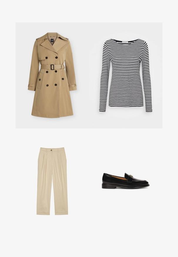 Beiger zweireihiger Trenchcoat mit breiten Revers, tailliertem Gürtel, geknöpften Taschen und Schulterklappen, frontseitig dargestellt.; Langärmliges T-Shirt mit Rundhalsausschnitt, das ein schwarz-weiß gestreiftes Muster aufweist. Aus weicherm Stoff und mit regulärer Passform gefertigt. Sauberes, minimalistisches Design.; Marc O'Polo BALLOON LEG PLEATED INSPIRED DETAILS - Stoffhose - jonesboro cream; Schwarze Lederloafer mit abgerundeter Zehenpartie, schlanker Silhouette und einem dekorativen Riemen mit metallischen Akzenten auf dem Spann. Flache Gummisohle.