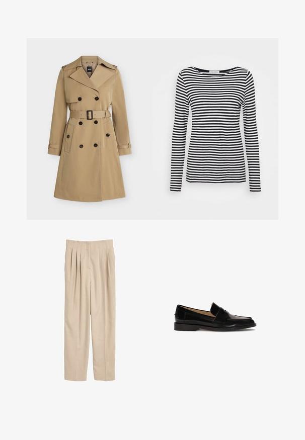 Beige dubbelgeknoopte trenchcoat met brede revers, tailleband, zakken met knopen en epauletten op de schouders, voorkant weergegeven.; Langemouwen, ronde hals T-shirt met een zwart-wit gestreept patroon. Gemaakt van zachte stof met een reguliere pasvorm. Schoon, minimalistisch ontwerp.; Beige geplooide broek met een getailleerde pasvorm, gemaakt van een gladde stof, met een klassieke tailleband en rechte pijpen.; Zwarte leren instappers met een gladde afwerking, ronde neus en een decoratief bandje over de voorkant. Ontwerp met lage blokhak.
