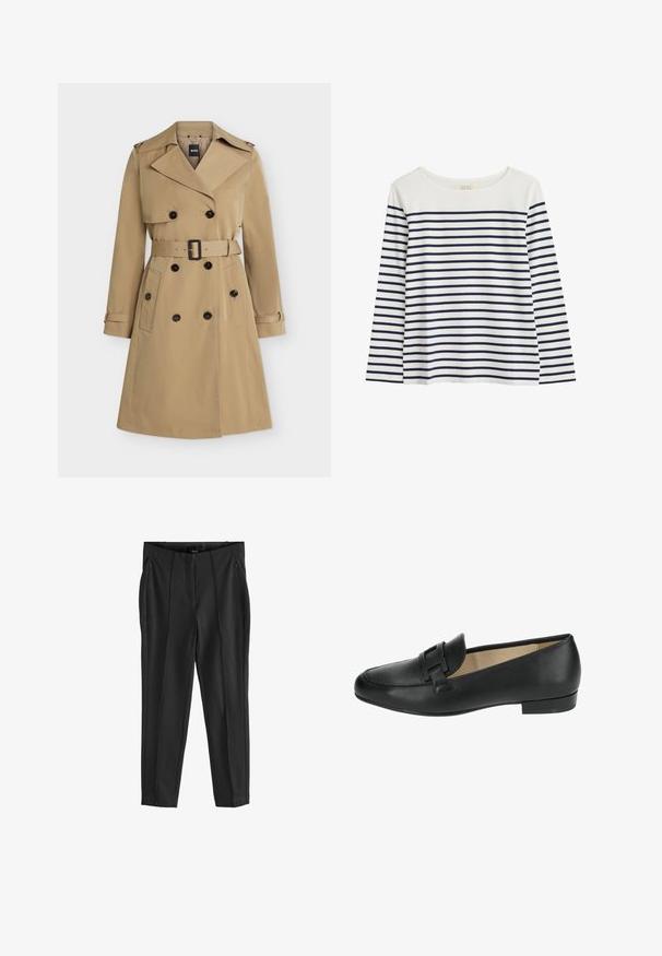 Beiger zweireihiger Trenchcoat mit breiten Revers, tailliertem Gürtel, geknöpften Taschen und Schulterklappen, frontseitig dargestellt.; Langärmliges Oberteil aus Bio-Baumwolle mit weißem Hintergrund und marineblauen horizontalen Streifen. Runder Ausschnitt, lockere Passform, keine sichtbaren Akzente.; Schwarze, taillierte Hose mit glatter Textur, ausgestattet mit zwei vorderen Reißverschlusstaschen und vorderen Falten für ein strukturiertes Design.; Schwarzer Lederloafer mit runder Zehe, der auf der Vorderseite eine dekorative Schnalle und einen niedrigen, abgerundeten Absatz aufweist. Glatte Oberfläche über den gesamten Schuh.