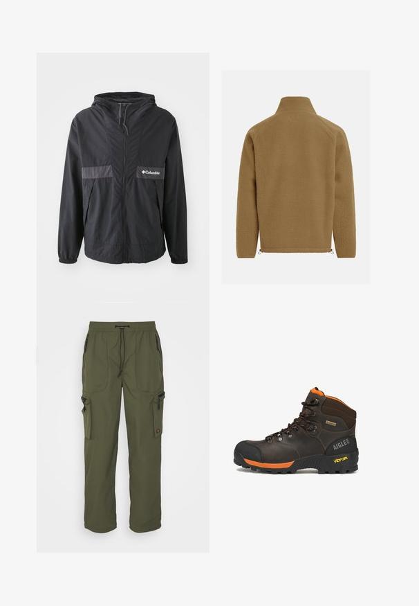 Schwarze Columbia-Jacke mit Reißverschluss, verstellbarer Kapuze und elastischen Bündchen. Mit einem grauen horizontalen Akzentpanel auf der Brust.; Braune Fleecejacke mit hohem Kragen, langen Ärmeln und einer strukturierten, weichen Oberfläche; verfügt über einen verstellbaren Kordelzug am Saum für eine optimale Passform.; Olivgrüne Cargo-Hosen aus leichtem Material mit elastischem Bund, Kordelzug und mehreren Reißverschlusstaschen.; Brauner Leder-Wanderschuh mit schwarzen und orangefarbenen Akzenten, schwarzen Schnürsenkeln, Vibram-Sohle, Gore-Tex-Label und Aigle 1853 Logo an der Ferse.