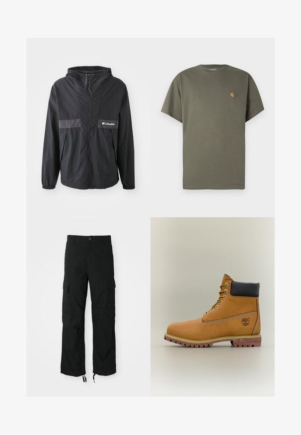 Schwarze Columbia-Jacke mit Reißverschluss, verstellbarer Kapuze und elastischen Bündchen. Mit einem grauen horizontalen Akzentpanel auf der Brust.; Olivgrünes T-Shirt mit Rundhalsausschnitt, kurzen Ärmeln, aus Baumwolle, mit kleinem orangefarbenem Logo auf der linken Brustseite.; Schwarze Cargo-Hosen aus strapazierfähigem Material, mit zwei Seitentaschen, einem Knopfverschluss und verstellbaren Säumen für eine lockere, relaxten Passform.; Brauner Leder-Stiefelette mit schwarzem Kragen, gelben Schnürsenkeln und hellbrauner Sohle. Verfügt über ein Logo und weiße Ziernähe. Robuste Profilsohle.