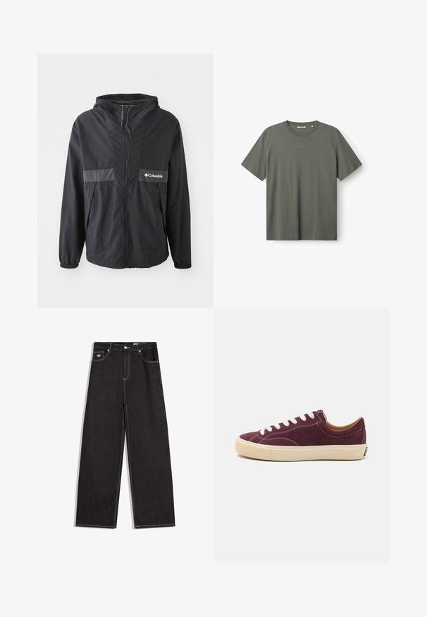 Schwarze Columbia-Jacke mit Reißverschluss, verstellbarer Kapuze und elastischen Bündchen. Mit einem grauen horizontalen Akzentpanel auf der Brust.; Olivgrünes kurzärmliges Baumwoll-T-Shirt mit rundem Hals und kleinem, dezentem Textlogo in der Mitte der Brust.; Schwarze Jeans mit weitem Bein, kontrastierenden weißen Nähten, Knopfverschluss, Gürtelschlaufen und Fünf-Taschen-Design, einschließlich eines kleinen Logopatches an der Vorderseite der Tasche.; Bordeauxfarbener Sneaker aus Wildleder mit weißen Schnürsenkeln und cremefarbenem Mittelsohlenbereich. Verfügt über eine abgerundete Zehenpartie und kontrastierende Steppnähte.