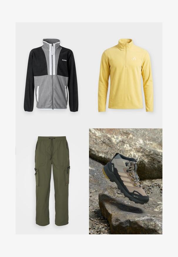 Fleecejakke med høj krave, grå og sorte farveblokke, frontlynlås og hvide detaljer på lommerne og lynlåsen.; Gul fleece-pullover med lange ærmer, kvart-lynlås og høj krave, med et diskret logo på venstre bryst.; Oliven grøn cargo bukser lavet af let materiale, med elastisk talje, snorelukning og flere lynlåslommer.; Beige og sort vandrestøvle med Gore-Tex, Terrex branding og robust sål, der hænger over klippefyldt terræn.