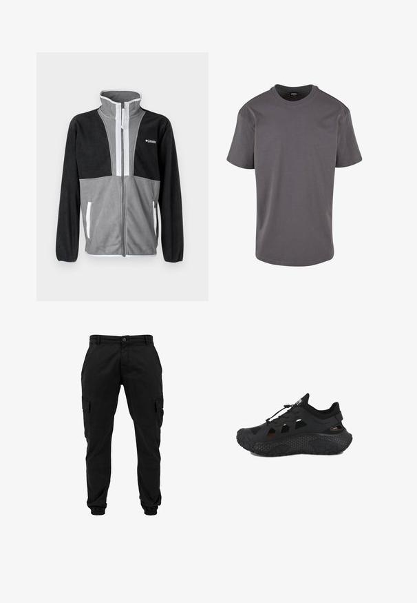 Fleece bunda s vysokým golierom, šedé a čierne farebné bloky, predný zips a biele akcenty na vreckách a zipsovom okraji.; Šedé bavlnené tričko s okrúhlym výstrihom, krátkymi rukávmi, bežným strihom a hladkou textúrou. Neobsahuje žiadne vzory ani ozdoby.; Čierne cargo nohavice so zapínaním na gombík a zips, s bočnými vreckami s chlopňou a elastickými manžetami na členkoch, zobrazené na bielom pozadí.; Čierne športové topánky s textúrovanou podrážkou, sieťovinovým zvrškom a výrezmi. Majú nastaviteľné šnúrky a polstrovaný golier.