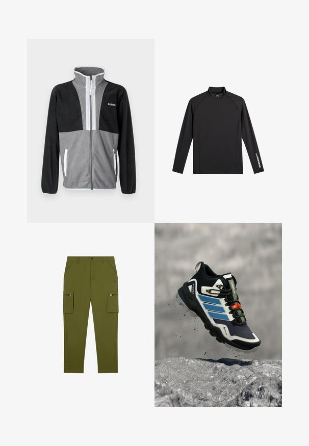 Fleecejacke mit hohem Kragen, grau und schwarzen Farbblöcken, Frontreißverschluss und weißen Akzenten an den Taschen und dem Reißverschluss.; Schwarzes Langarm-Sportoberteil mit Stehkragen, schlanker Passform und weißem "J.Lindeberg"-Logo am linken Ärmel und Kragen.; Olivgrüne Cargo-Shorts mit geradem Schnitt, aus leichtem Material; mit seitlichen Taschen mit Reißverschlüssen und schrägen Vordertaschen.; Schwarzer und blauer Adidas Terrex Wanderschuh mit robuster Sohle, der über felsigem Gelände mit herumfliegendem Schmutz schwebt.