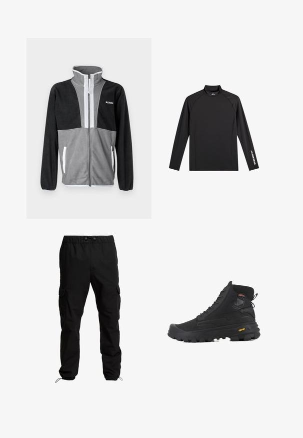 Fleecejack met hoge kraag, grijze en zwarte kleurvakken, voorrits en witte accenten op de zakken en ritsafwerking.; Zwart sporttopje met lange mouwen, opstaande kraag, slim fit en witte "J.Lindeberg"-logo op linkerarm en kraag.; Zwarte cargobroek van duurzaam materiaal, met een elastische tailleband, verstelbare trekkoorden en zijzakken met kleppen.; Zwarte hoge laarzen met een gestructureerd oppervlak, voorzien van een waterdicht ontwerp, vetersysteem en een opvallende rubberen zool met Vibram-merktekens.